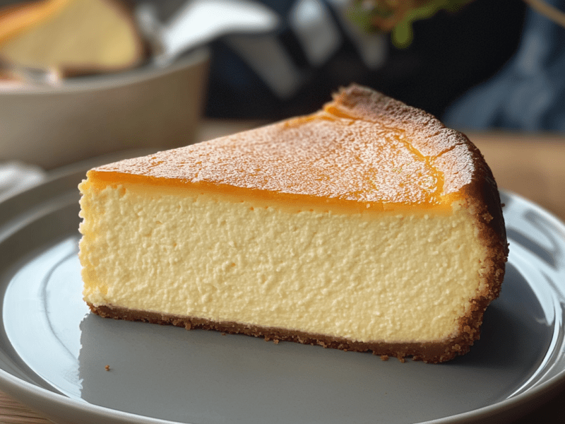 Ein Stück zuckerfreier Käsekuchen steht auf einem grauen Teller. Im Hintergrund kann man sehen, wie ein weiteres Stück aus der Form gehoben wird.