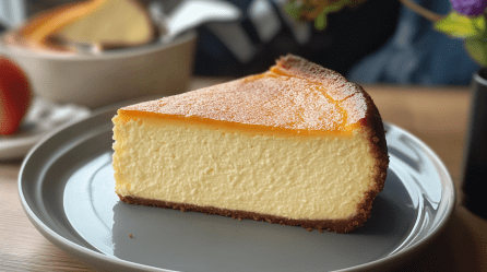 Ein Stück zuckerfreier Käsekuchen steht auf einem grauen Teller. Im Hintergrund kann man sehen, wie ein weiteres Stück aus der Form gehoben wird.