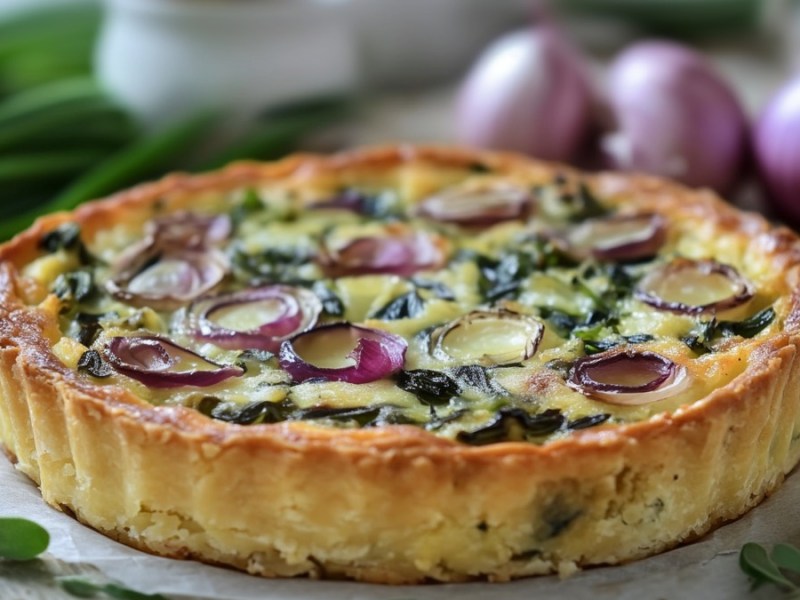 Ein Zwiebelkuchen mit Bärlauch auf einem runden Brett. Drumherum liegen frische Zutaten.