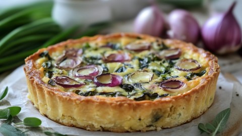 Ein Zwiebelkuchen mit Bärlauch auf einem runden Brett. Drumherum liegen frische Zutaten.