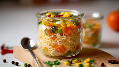 Zwei Gläser mit selbstgemachter 5-Minuten-Terrine. Das vordere Glas steht auf einem Holzbrett. Davor liegt ein Löffel und einige der Zutaten.