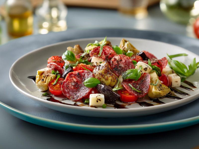 Ein Teller Antipasti-Salat, der auf einem noch größeren Teller platziert ist. Im Hintergrund kann man frisches Basilikum, Gefäße mit hellem Balsamico und Öl sowie einige Strauchtomaten erkennen.