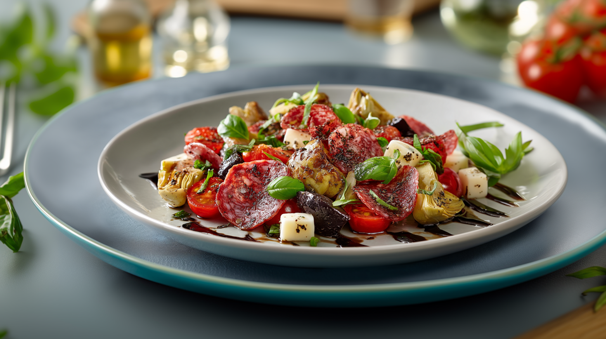 Ein Teller Antipasti-Salat, der auf einem noch größeren Teller platziert ist. Im Hintergrund kann man frisches Basilikum, Gefäße mit hellem Balsamico und Öl sowie einige Strauchtomaten erkennen.