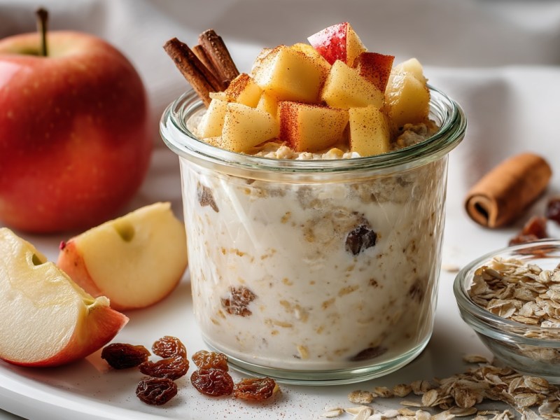 Apfel-Zimt-Overnight-Oats in einem Glas getoppf mit Apfelstückchen. Drumherum einige Zutaten.