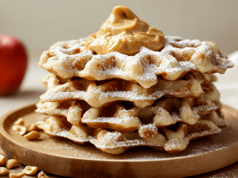 Vier Apfelwaffeln ohne Mehl und Butter liegen auf einem Holzbrett. Auf und neben dem Brett liegen noch einige Erdnüsse. Die Waffeln sind mit Erdnussmus getoppt. Im Hintergrund steht ein Apfel.