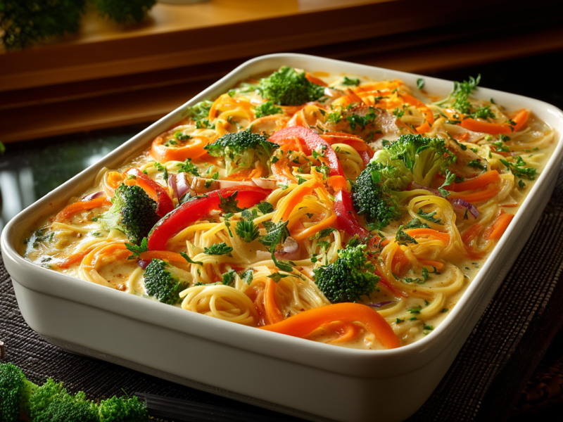 Asia-Erdnussnudeln aus dem Ofen in einer Auflaufform auf einem Tisch. Vor der Auflaufform liegt noch etwas Brokkoli und Knoblauch. Im Hintergrund sieht man noch zwei Paprikaschoten und eine weitere Knoblauchknolle.