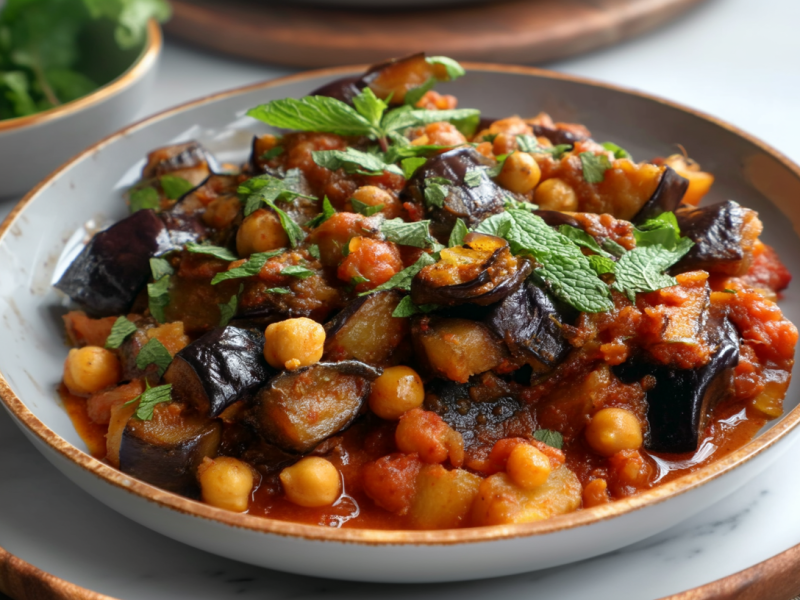 Auberginen-Kichererbsen-Eintopf auf einem grauen Teller. Im Hintergrund sieht man noch eine Schale mit frischer Minze. Der Teller steht auf einem Untersetzer