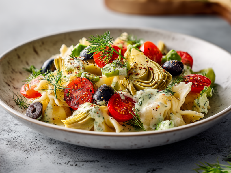 Ein Teller mit Avocado-Artischocken-Nudelsalat, der außerdem Cherrytomaten, Olivenöl und ein Joghurt-Dill-Dressing enthält. Der Teller steht auf einer Hellen Arbeitsfläche. Ringsum liegen ein paar Strauchtomaten und etwas frischer Dill. Im Hintergrund kann man ein Holzbrett erkennen.