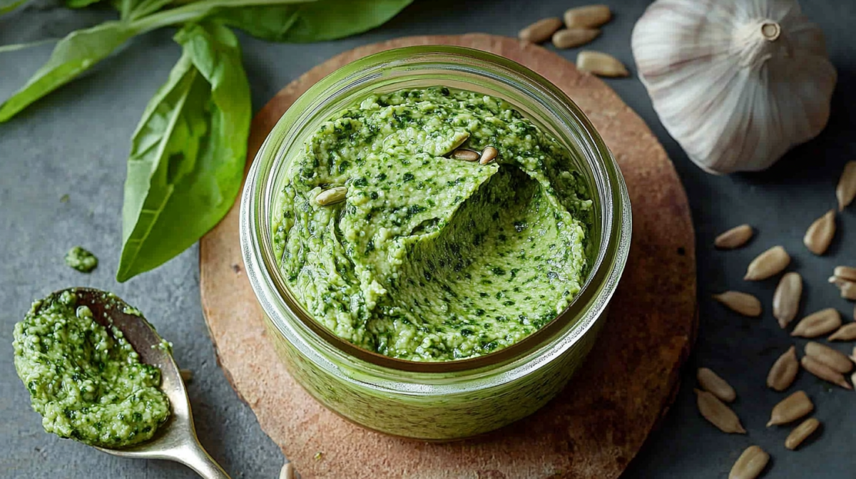 Bärlauch-Aufstrich mit Sonnenblumenkernen in einem Glas.