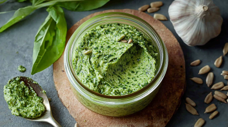 Bärlauch-Aufstrich mit Sonnenblumenkernen in einem Glas.