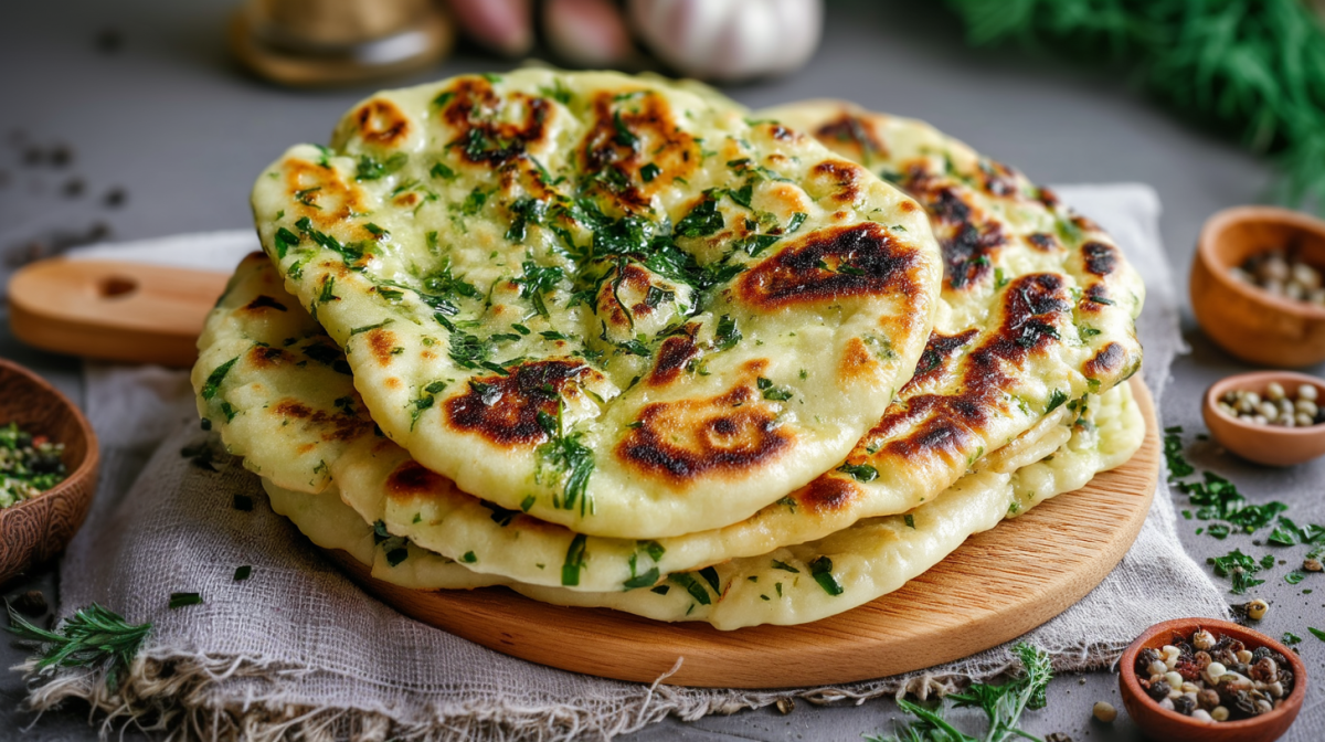 Mehrere Fladen Bärlauch-Naan liegen auf einem Holzbrett, das wiederum auf einem grauen Tuch liegt. Um das Brett herum stehen einige Schalen mit Gewürzen verteilt. Im Hintergrund sieht man die untere Seite einer Flasche mit Öl sowie einige Knoblauchknollen.