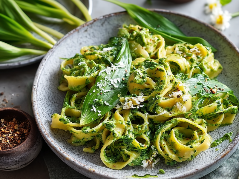 Ein Teller Bärlauch-Spinat-Nudeln mit Parmesan.