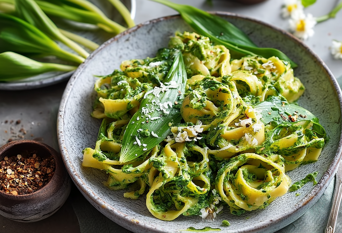 Ein Teller Bärlauch-Spinat-Nudeln mit Parmesan.