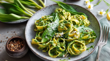 Ein Teller Bärlauch-Spinat-Nudeln mit Parmesan.