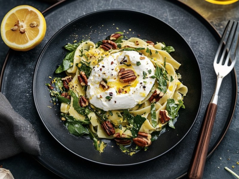 Bärlauch-Zitronen-Pasta mit Burrata auf einem Teller in der Draufsicht. Daneben liegen eine Gabel und eine halbe Zitrone.
