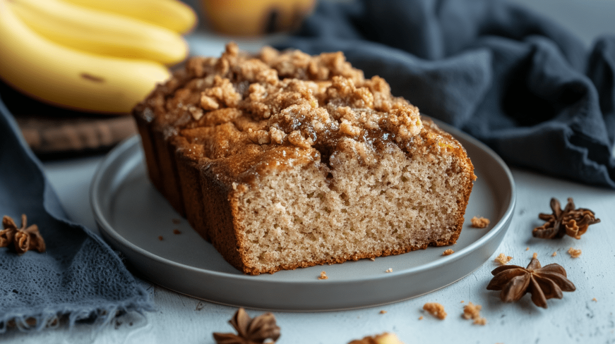 Ein Bananen-Zimt-Kuchen auf einem grauen Teller. Um ihn verteilt liegt etwas Sternanis. Im Hintergrund sieht man mehrere Bananen.
