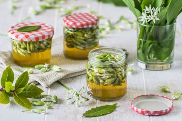 Gläser mit Bärlauch-Kapern und Bärlauch auf einem Tisch