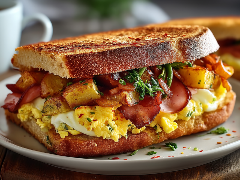 Ein Bauernfrühstücks-Sandwich auf einem hellen Teller auf einem Holzbrett. Es ist mit Rührei, Speck, Kartoffeln und Spinat belegt. Im Hintergrund links steht eine Kaffeetasse und rechts ein weiteres Bauernfrühstücks-Sandwich.