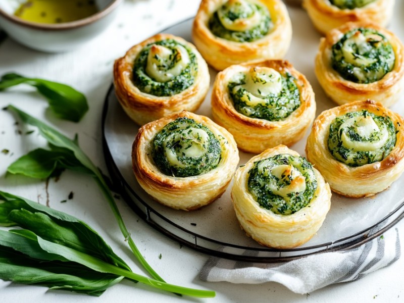Teller mit Blätterteig-Bärlauch-Schnecken