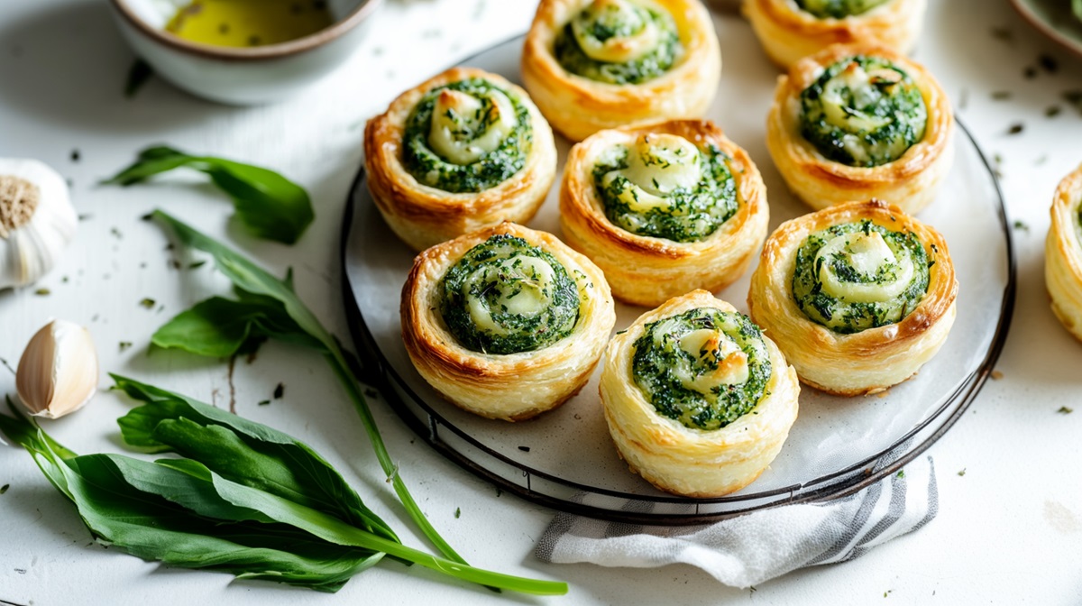 Teller mit Blätterteig-Bärlauch-Schnecken