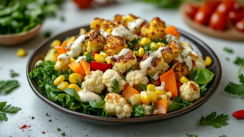 Ein Teller Blumenkohl-Brokkoli-Salat mit Mais, Karotten und Paprika, darauf verteilt etwas cremiges Dressing.