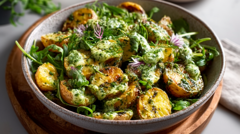 Bratkartoffel-Pesto-Salat in einer Schale.