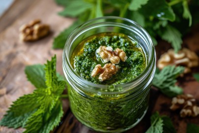Brennnessel-Pesto mit Walnüssen in einem Einmachglas.