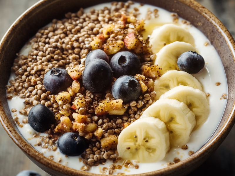 Buchweizen-Joghurt-Bowl mit Heidelbeeren und Bananen.