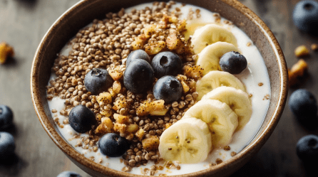 Buchweizen-Joghurt-Bowl mit Heidelbeeren und Bananen.