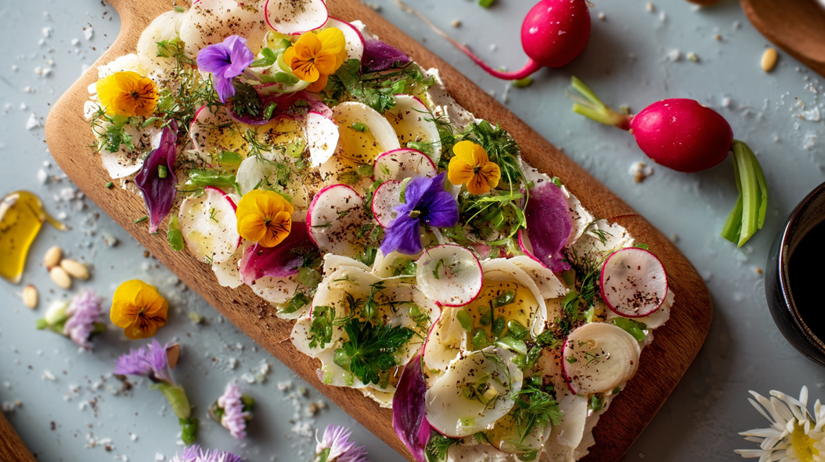Ein Butter-Board, das mit Radieschenscheiben, essbaren Blüten, Frühlingszwiebeln, Petersilie und Kräutern sowie Honig und Salz und Pfeffer dekoriert ist. Um das Butter-Board herum liegen einzelne Radieschen, Salz, Kräuter und Blüten verstreut.