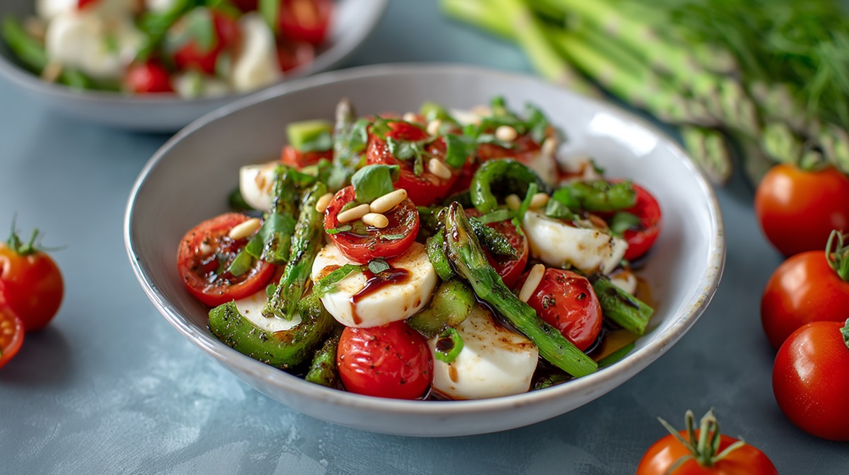 Schale mit Caprese-Salat mit grünem Spargel und Zutaten daneben