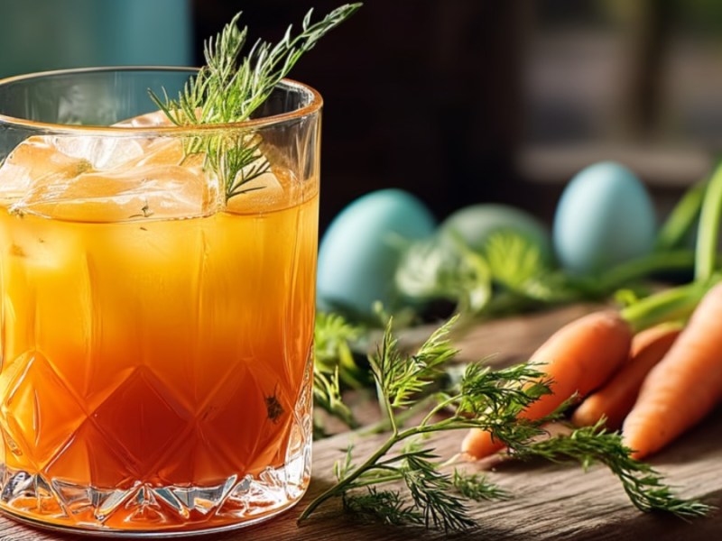 Ein Glas Carrot on the Rocks. Im Hintergrund liegen bunter Ostereier und Möhren.