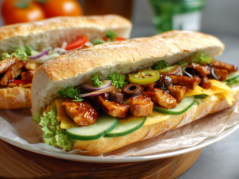 Zwei Chicken-Teriyaki-Sandwiches auf einem Teller auf einer Holzplatte. Sie sind mit Gurken, Käse, Hähnchengeschnetzeltes, Jalapeño, Zwiebeln und Oliven belegt. Im Hintergrund sieht man Tomaten. Rechts im Bild steht eine Schale mit Teriyakisoße.