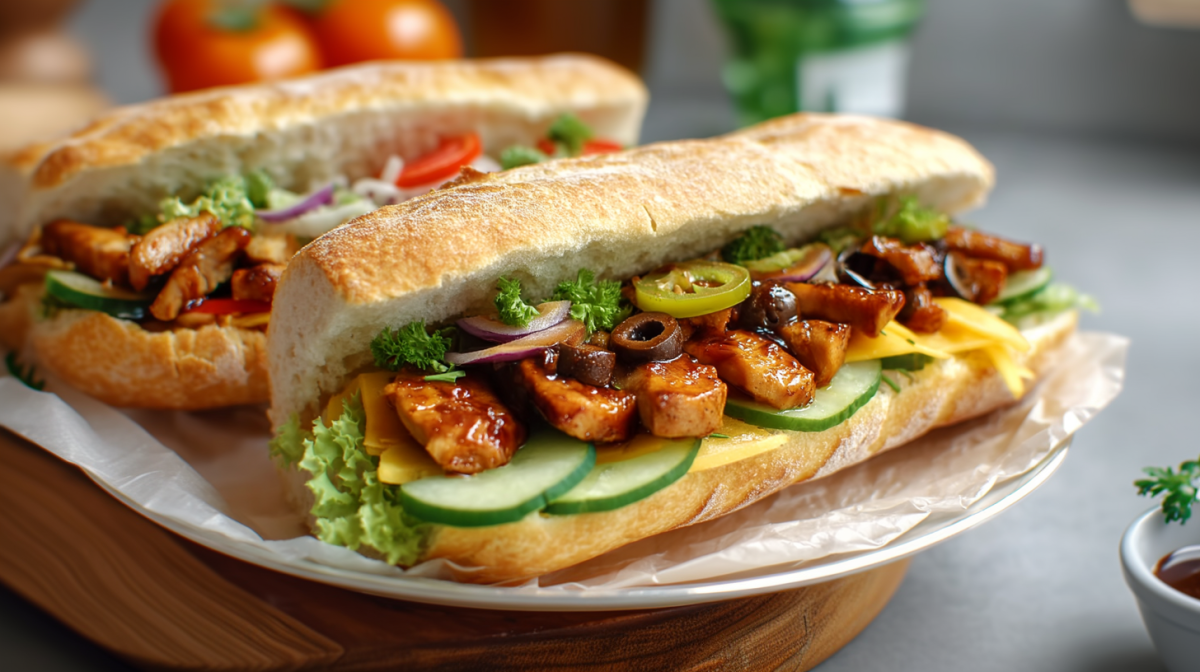 Zwei Chicken-Teriyaki-Sandwiches auf einem Teller auf einer Holzplatte. Sie sind mit Gurken, Käse, Hähnchengeschnetzeltes, Jalapeño, Zwiebeln und Oliven belegt. Im Hintergrund sieht man Tomaten. Rechts im Bild steht eine Schale mit Teriyakisoße.