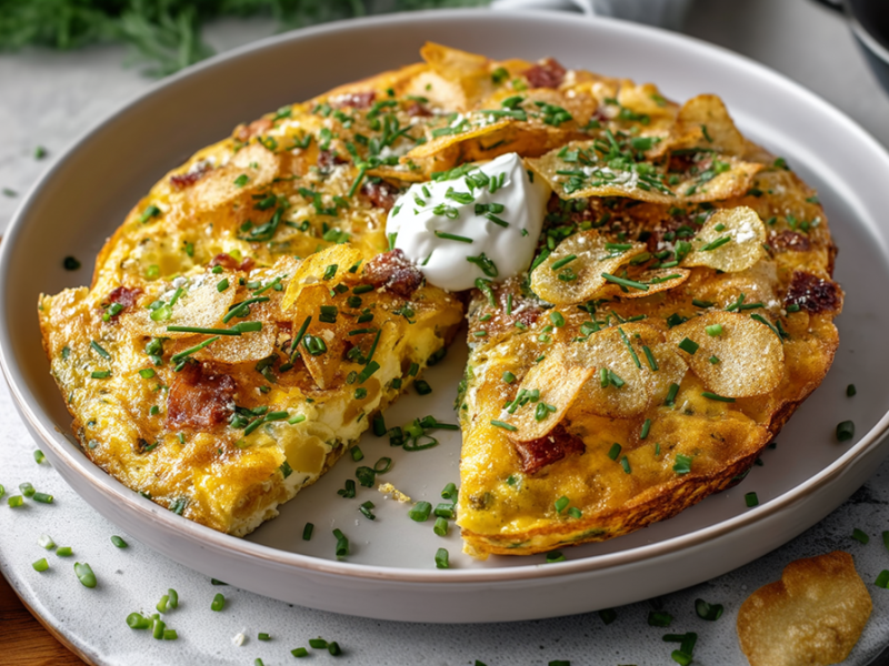 Ein großer Teller mit einer runden Chips-Frittata, die mit einem Klecks Schmand und etwas frisch gehacktem Schnittlauch garniert ist. Links neben dem Teller liegen einige Stiele und Röllchen Schnittlauch. Im Hintergrund ist eine kleine Schale mit frischen Kräutern zu sehen.