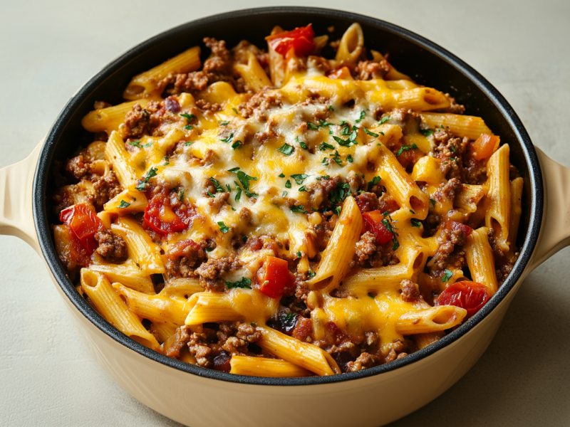 Cowboy-Nudeltopf auf hellem Untergrund. Das Rezept ist mit Nudeln, Hackfleisch, Käse, Paprika und Tomaten zubereitet.