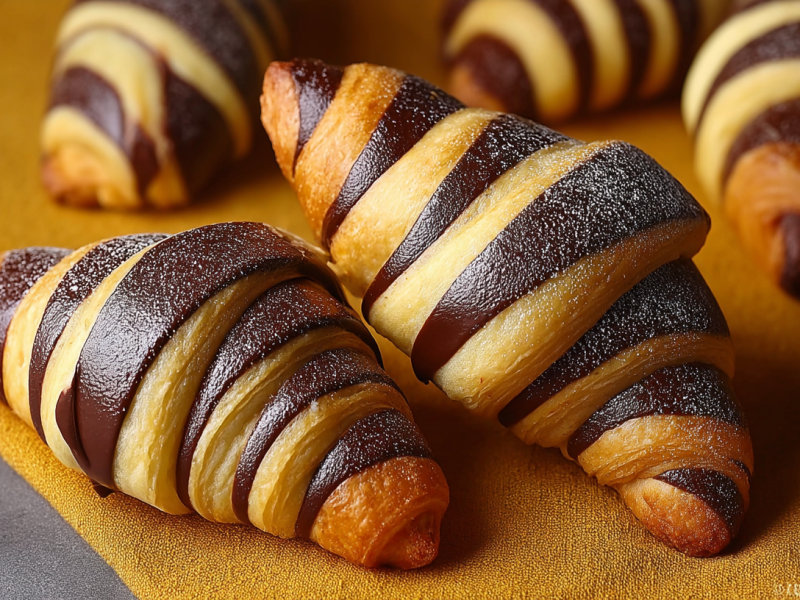 Croissants Bicolore auf einem hellen Geschirrtuch.