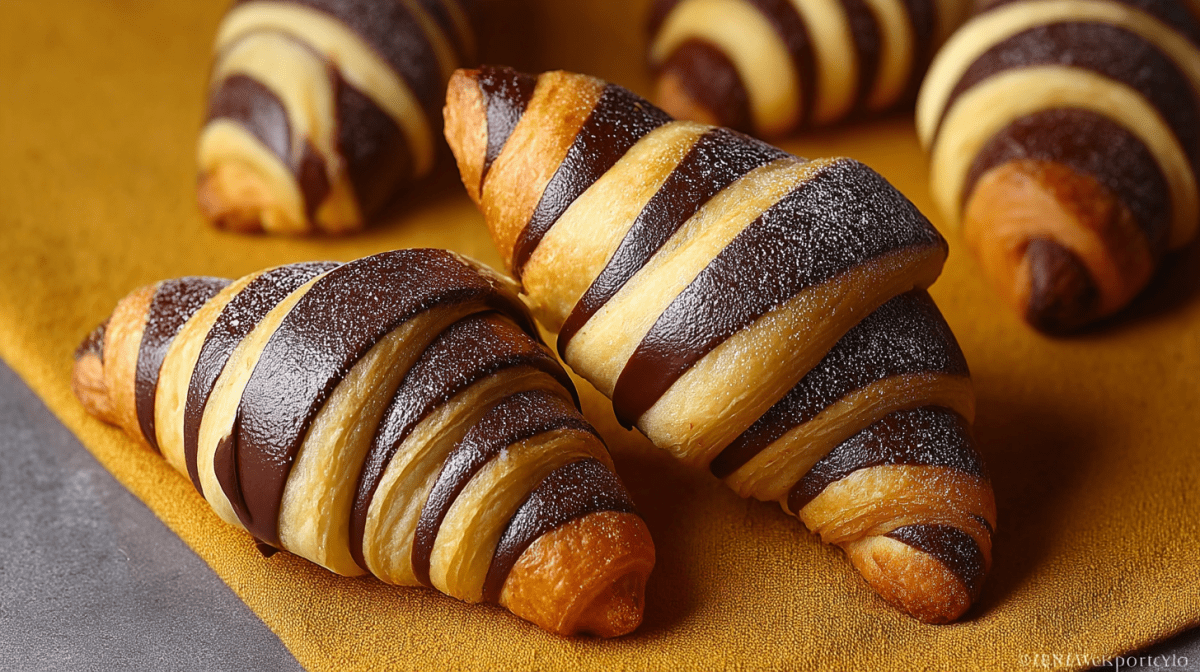 Croissants Bicolore auf einem hellen Geschirrtuch.