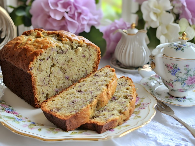 Angeschnittener Earl-Grey-Lavendelkuchen auf einem Tisch