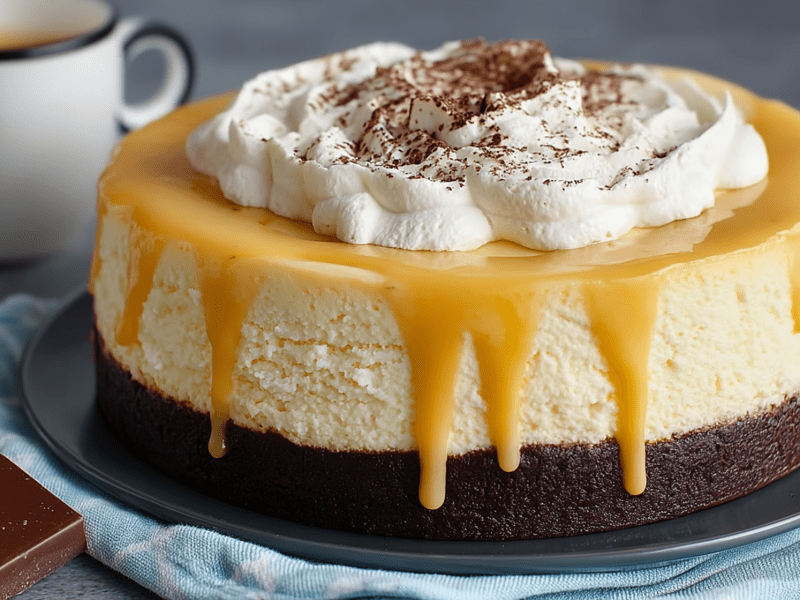 Ein rundes Blech mit einem Eierlikör-Käsekuchen. Der Kuchen hat einen dunklen Schokoladenboden und ist mit Eierlikör, Schlagsahne und Kakaopulver garniert. Neben dem Kuchen steht eine Tasse Kaffee und es liegt ein Stück Schokolade herum.