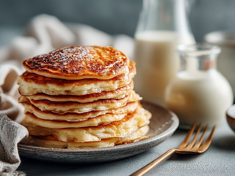 Ein Stapel Eierlikör-Pancakes auf einem Teller, im Hintergrund zwei Flaschen Eierlikör, neben dem Teller eine Serviette aus Stoff.