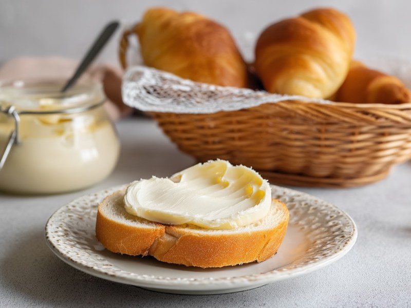 Eine Scheibe Baguette mit Eierlikör-Schoko-Aufstrich, dahinter ein Korb mit Croissants und ein Glas Aufstrich.