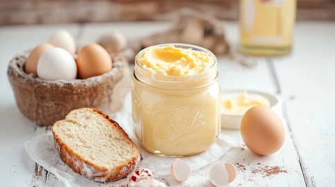 Glas mit Eierlikör-Aufstrich auf einem Tisch mit Eiern und Brot daneben