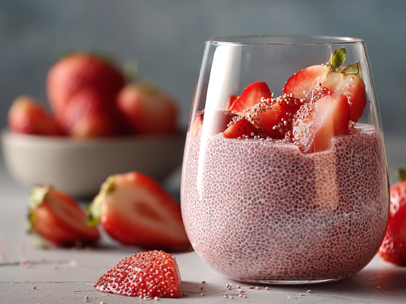 Ein Glas mit Erdbeer-Rhabarber-Chiapudding, der mit frischen Erdbeeren getoppt ist. Um das Glas herum und im Hintergrund sind auch ganz viele frische Erdbeeren zu sehen.