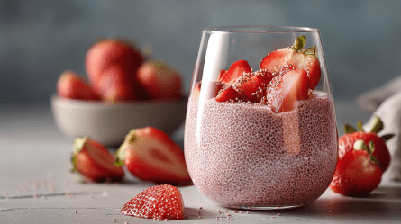 Ein Glas mit Erdbeer-Rhabarber-Chiapudding, der mit frischen Erdbeeren getoppt ist. Um das Glas herum und im Hintergrund sind auch ganz viele frische Erdbeeren zu sehen.