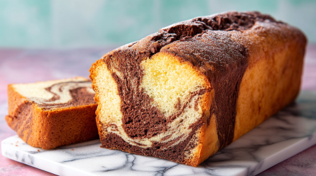 Eine Servierplatte aus Marmor, auf dem ein angeschnittener Espresso-Eierlikör-Marmorkuchen platziert ist.