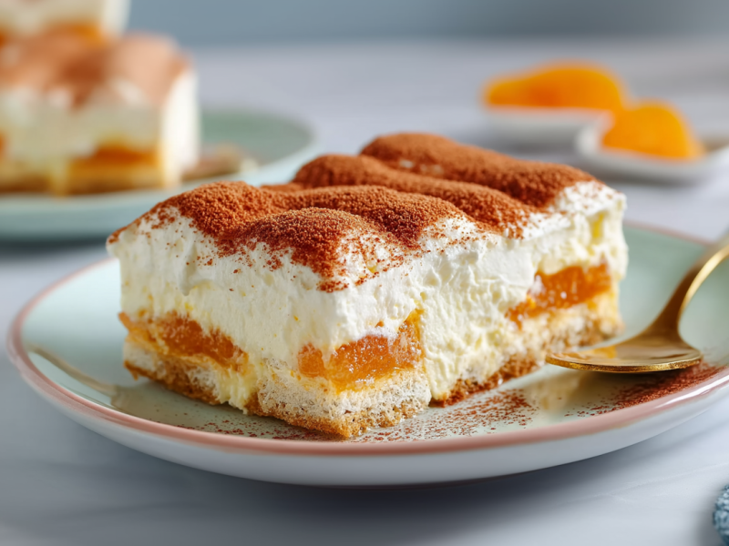 Ein Stück Fantakuchen ohne Backen auf einem grünen Teller. Daneben liegt ein goldener Löffel, Im Hintergrund sieht man weitere Stücke des Fantakuchen.