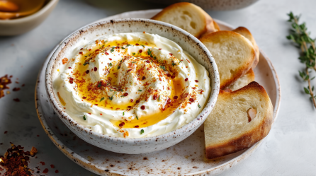 Eine Schale mit Feta-Creme mit pikantem Honig auf einem Teller. Neben der Schale liegen drei geschnittene Stücke Brot. Links neben dem Teller liegen einige Chiliflocken. Rechts im Bild liegt etwas frischer Thymian.