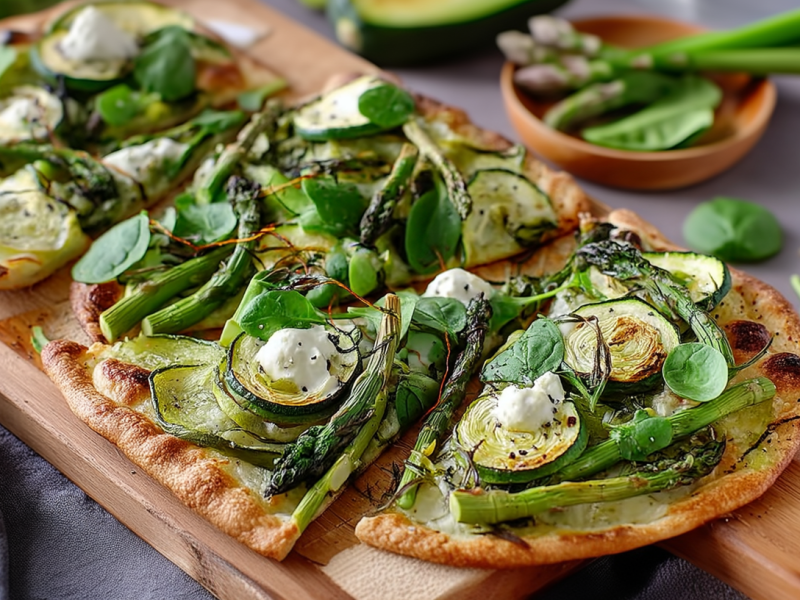 Ein in Stücke geschnittener Flammkuchen mit Frühlingsgemüse.