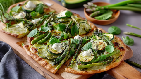 Ein in Stücke geschnittener Flammkuchen mit Frühlingsgemüse.